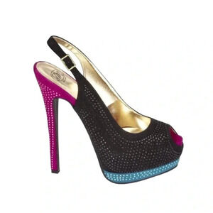 SM NEW YORK | Groovy Black/Blue/Pink Rhinestone Peep Toe Stiletto Heels Size 10M